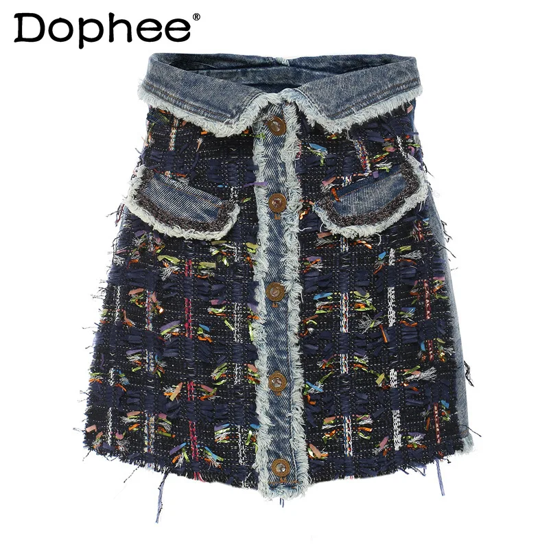 

Commute Style 3D Style Ribbon Pocket Skirt Women 2024 Spring and Autumn New High Waist Denim Stitching Short Skirts Female