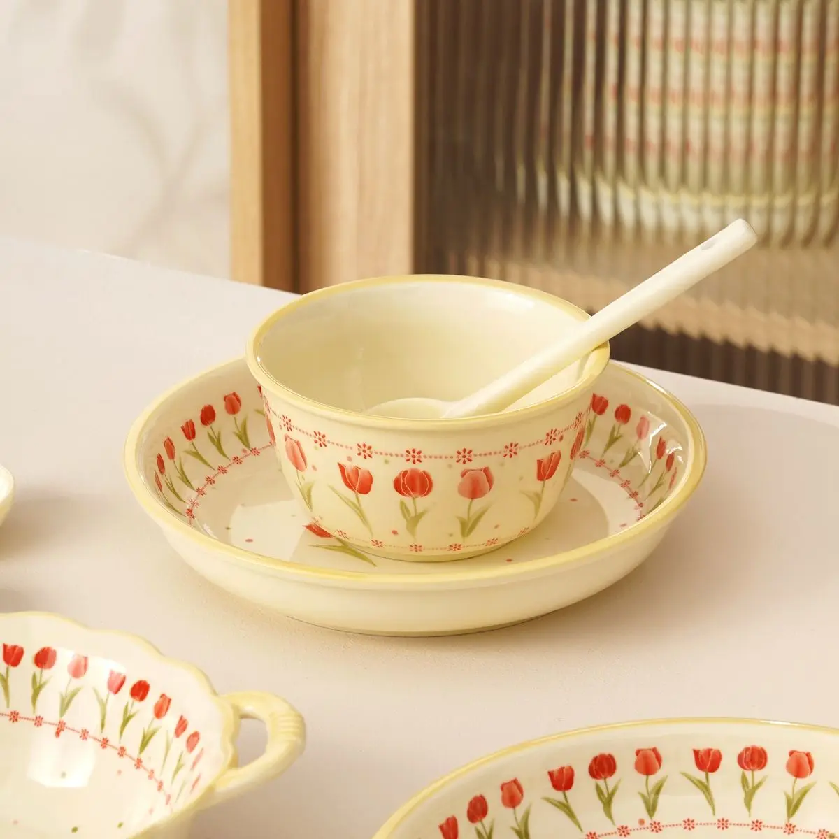 High Beauty Bowl and Dish Set Household Double Ear Bowl Tulip Plate Household Disk Dining INS Wind Fish Plate Birthday Gift