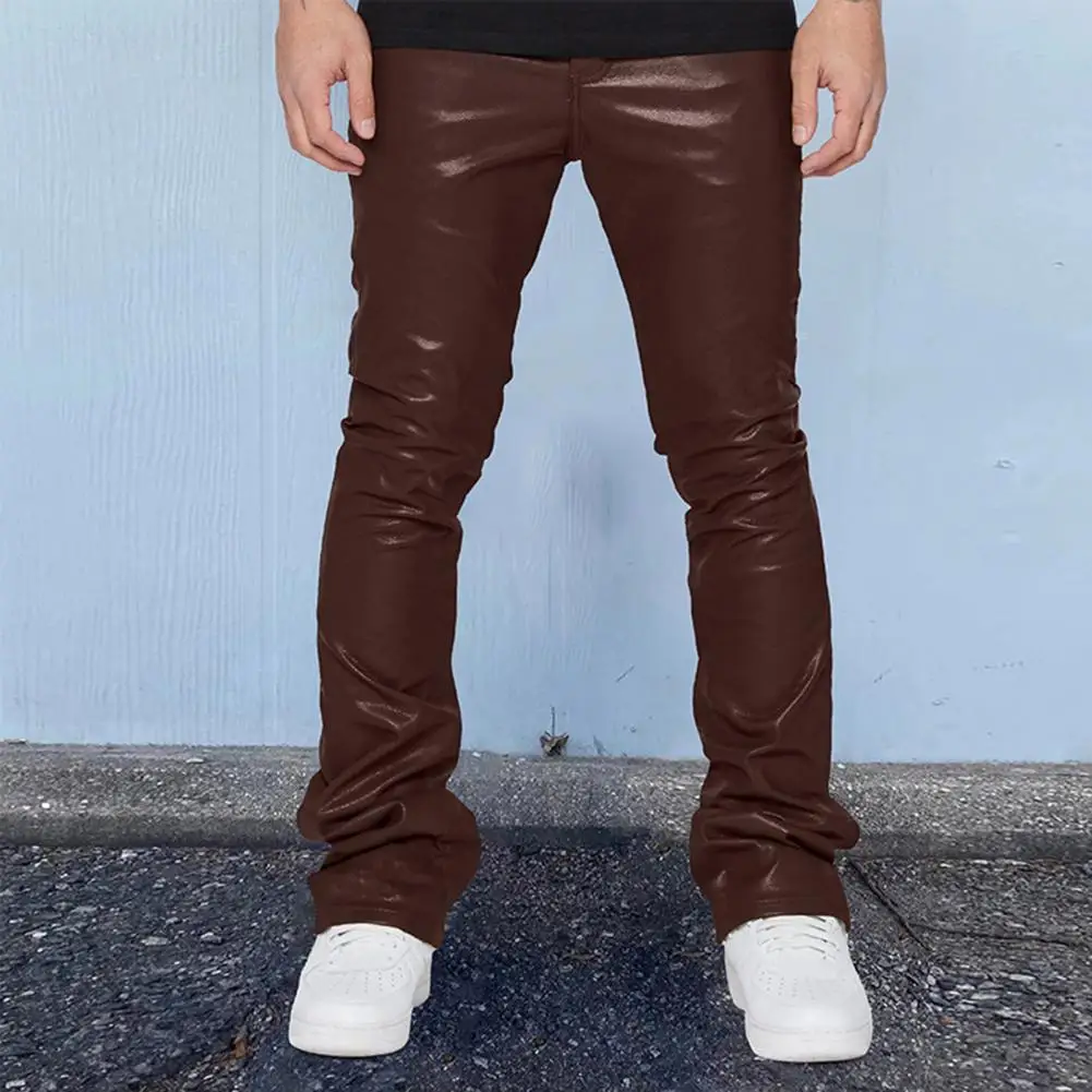 Party Bottoms Hop Style Faux Leather Flared Trousers for Men Streetwear Party Club Performance Pants Solid Color Loose Fit