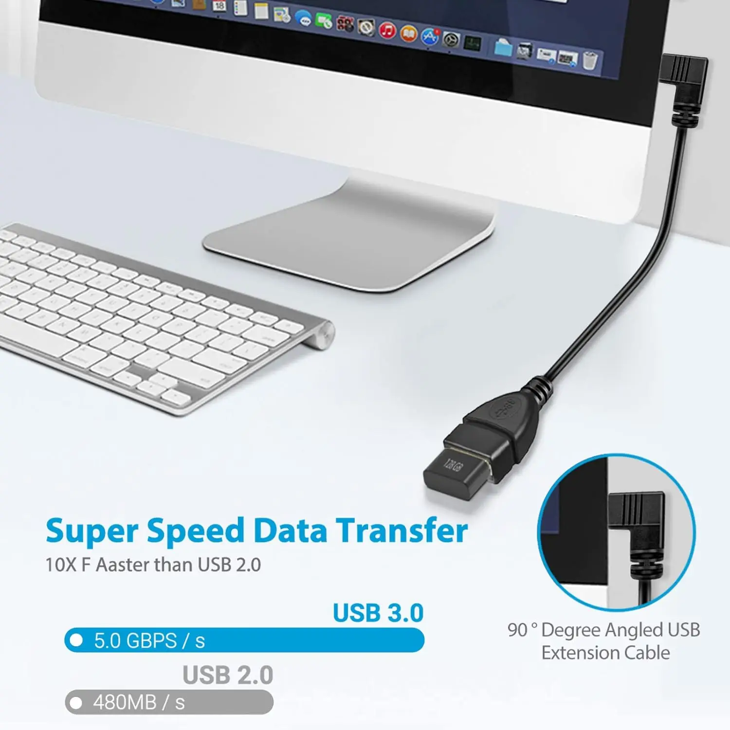 USB 3.0 90-Degree Angle Extension Cable - A Male to A Female Adapter