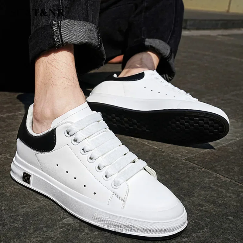 Men leather sneakers elevator shoes casual lift height increase insole 6cm black taller shoes for man fashion sports white