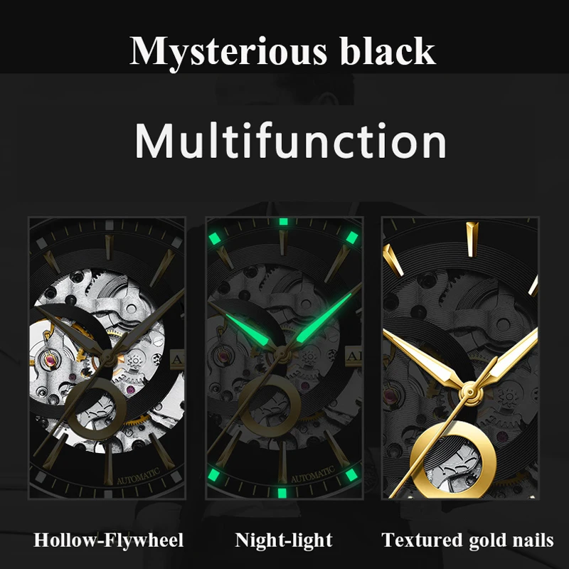 AILANG Fashion Men Automatic Mechanical Watch Skeleton Steampunk Mens Self Winding Wrist Watches Men Leather Band Reloj Relogio