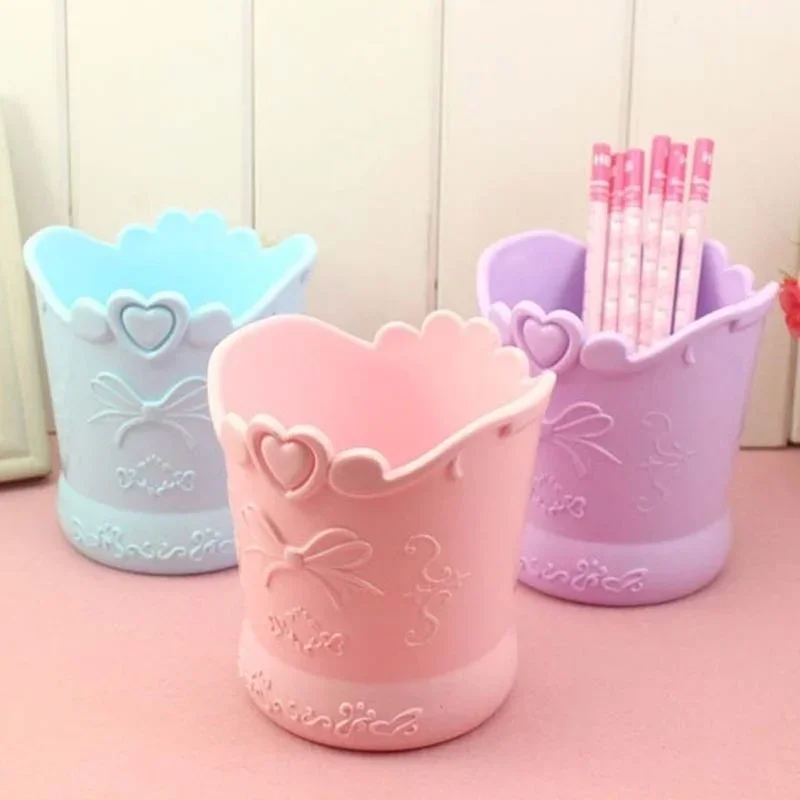 Small Bow Pen Holder Candy Color Pink Pencil Organizer Box Stand Container Kitchen Jars Household Products