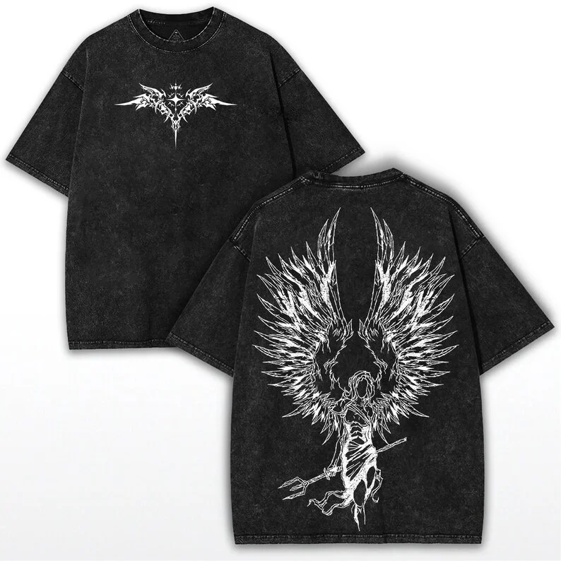 Fallen Angel Oversized T-shirt: Washed Gothic with Wings Wash Christian Fashion Personality Casual High Quality Printed Tops