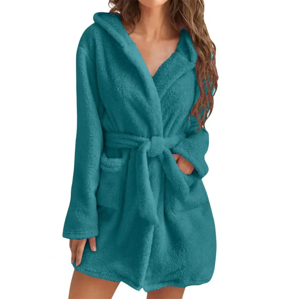 Women's Bathrobe Hooded Plush Short Robe with Belt and Pocket Long Sleeved Fluffy Nightgown