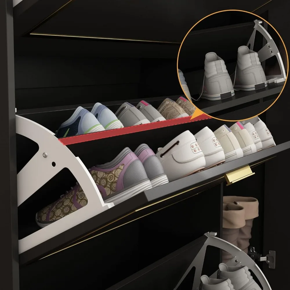 Shoe Storage Cabinet with 3 Flip Drawers & Locker, Wood Shoe Cabinet for Entryway, for Hallway Black and Gold (47.2”W x 9.5”D x 5