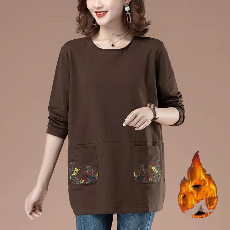 Women's Solid Color Round Neck Patchwork Pocket Embroiled Hoodies Spring Autumn Loose Long Sleeved Pullover Casual T-shirt Tops