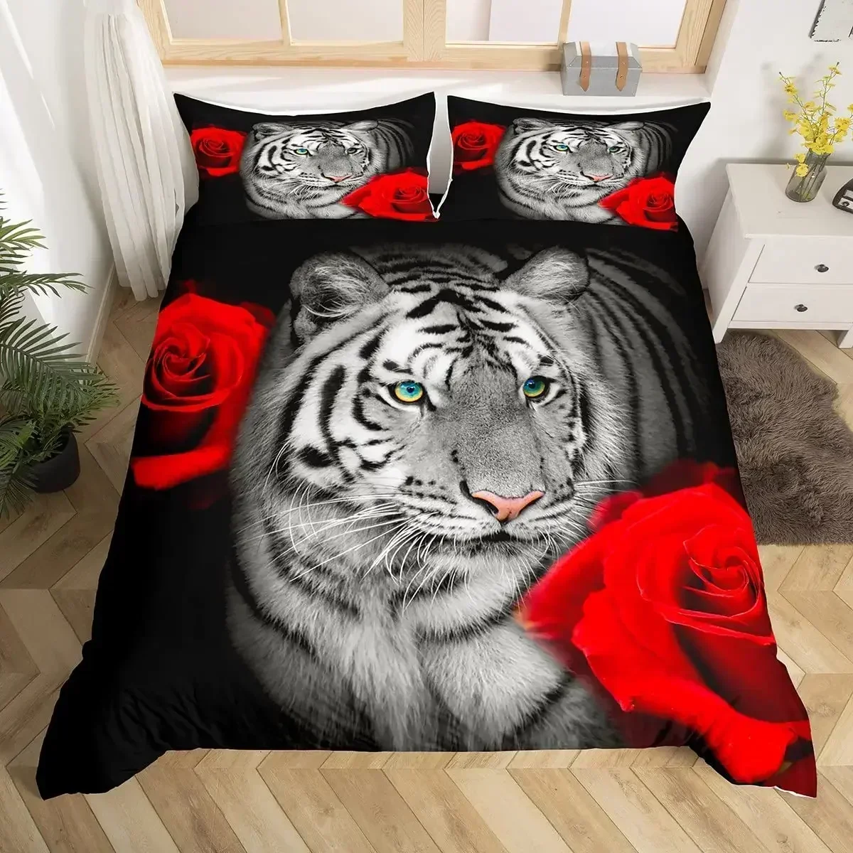 Luxury New 3D Print White Tiger Red Rose King Queen Duvet Cover Africa Big Cat Flower Bedding Set Teen Adult Animal Quilt Cover