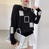 Autumn Winter Color Blocked Plaid New Loose Retro Pullovers Women's Clothing Round Neck White Simplicity Outfit Chic Sweaters 3