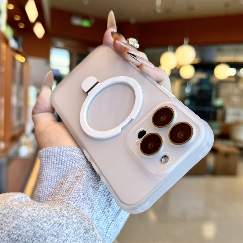 Luxury Matte Translucent Magnetic Ring Stand Phone Case with Lens Protection and Shockproof Design