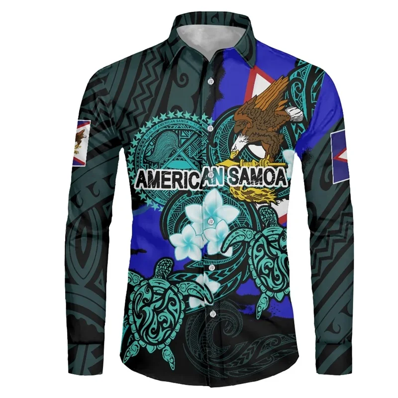 thumbnail image 1 of Camisas hawaianas con estampado 3D de tribu polinesia, camisas casuales de manga larga con cuello alto, blusa con botones para hombre, ropa de otoño, 1 of 4