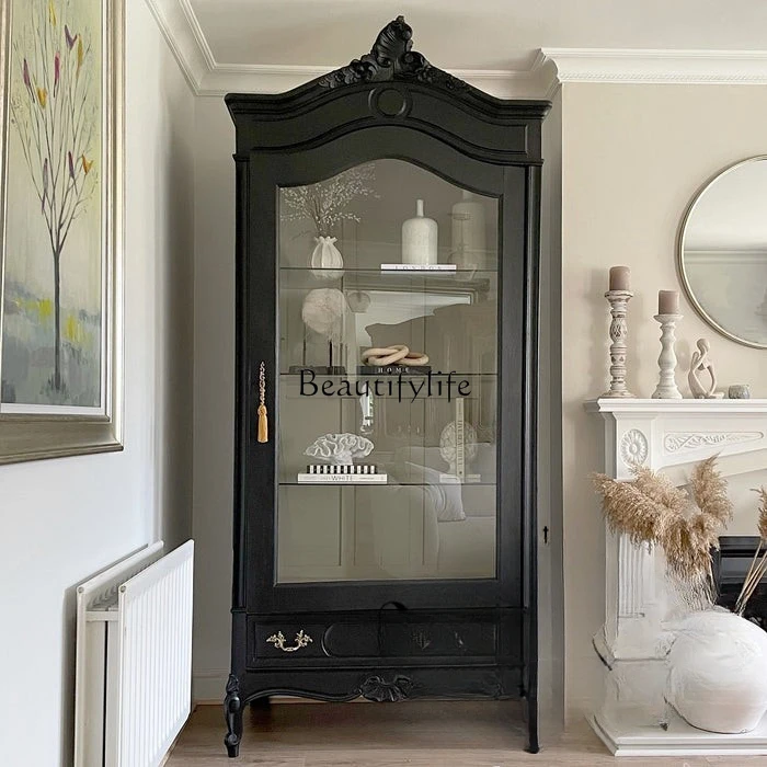 

French Style Black Retro Vintage Wine Cabinet American Solid Wood Glass Door Living Room Display Cabinet High-End Furniture