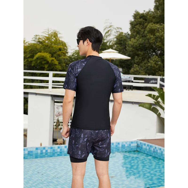 Men's 2pcs/set Rash Guards Short Sleeve Quick-Dry Dive Skin Sun Protection Compression Swim Shirts and Trunks Swimsuit Beachwear