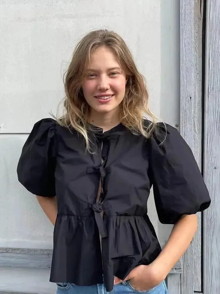 HH Fashion Solid Hollow Out Shirt Women Causal O Neck Short Sleeved Lace Up Tops Chic Female Casual Blouse Streetwear 2024