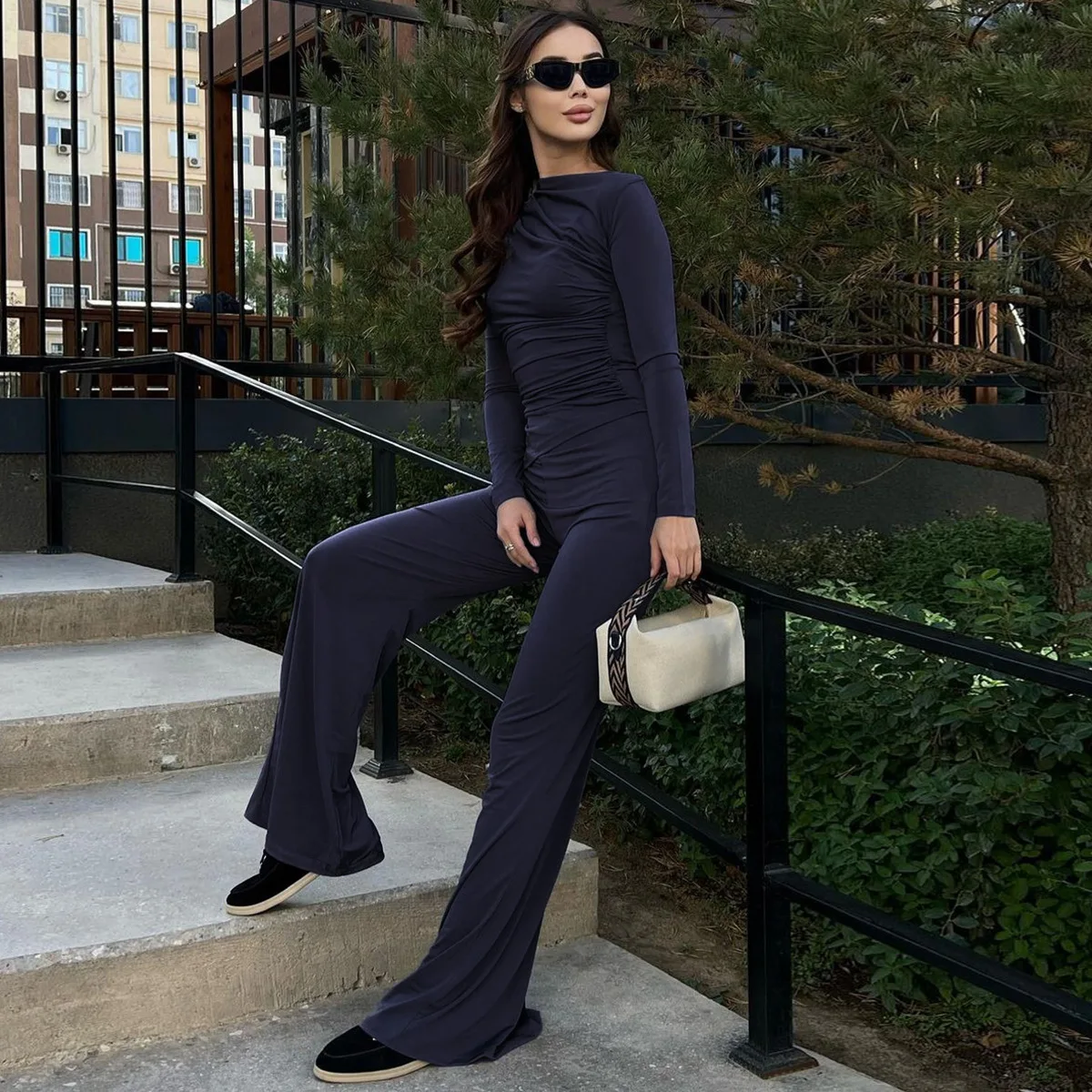 Fashion Autumn 2 Piece-Set Female Flared Pants Streetwear Slim Pleated Long Sleeve Casual Outfits Women's Pants Sets