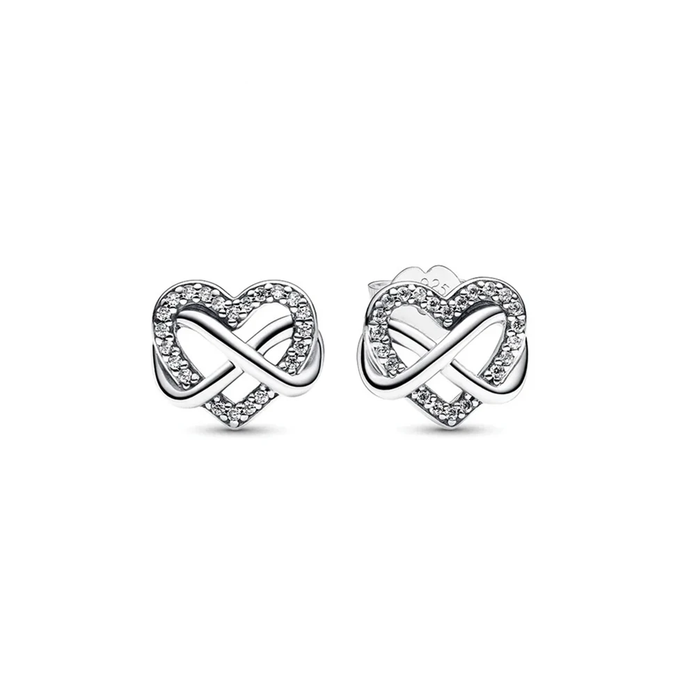 925 Sterling Silver Pan Sparkling Infinity Heart Collier Necklace & Earring Fit Pandora Jewelry Set for Women's Anniversary Gift