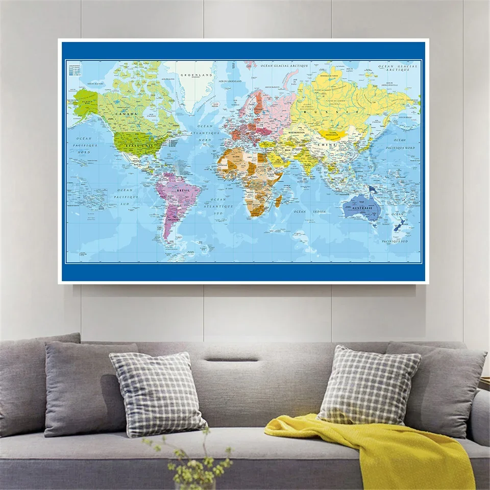 120*80cm World Map Poster In French Language Wall Poster Non-woven Vinyl Painting Office School Supplies Home Decoration