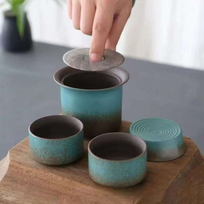 Kiln change vintage spring green rough pottery one pot 4 cups tea caddy simple small set outdoor living room tea room
