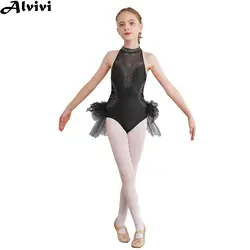 Children Girls Figure Skating Bodysuit Ballet Dance Gymnastics Leotard Tutu Sleeveless Sheer Mesh Jumpsuit Latin Tango Costume