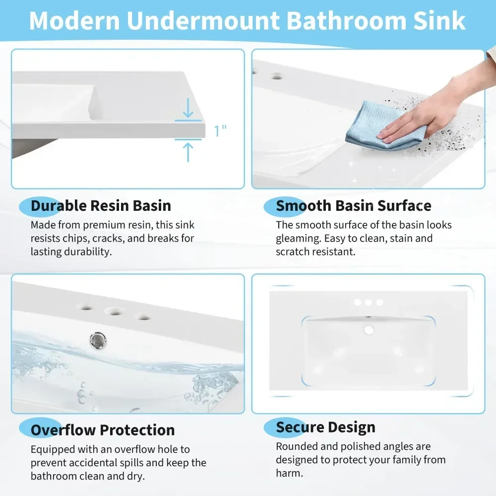[Sink Only] 36x18" Rectangular 3 Hole Bathroom Resin Sink, Vanity Top ，Sink Only, Fits 4" Center Faucet,24x18 Inch,30x18" 4