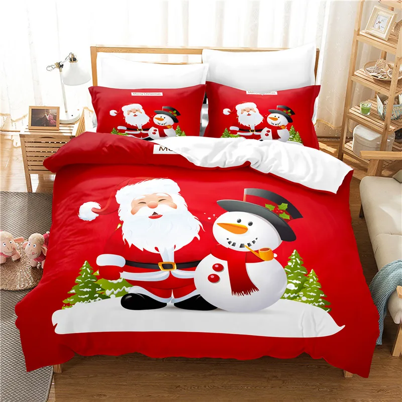 Santa Claus, Snowman Duvet Cover Set Lovely Red Quilt Cover Bed Linen