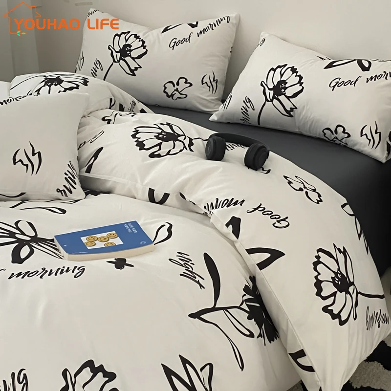 

Fashion Bedding Set White Black, Single Double Bed Linens,Nordic Duvet Cover Pillowcase Queen Size Flat Sheet