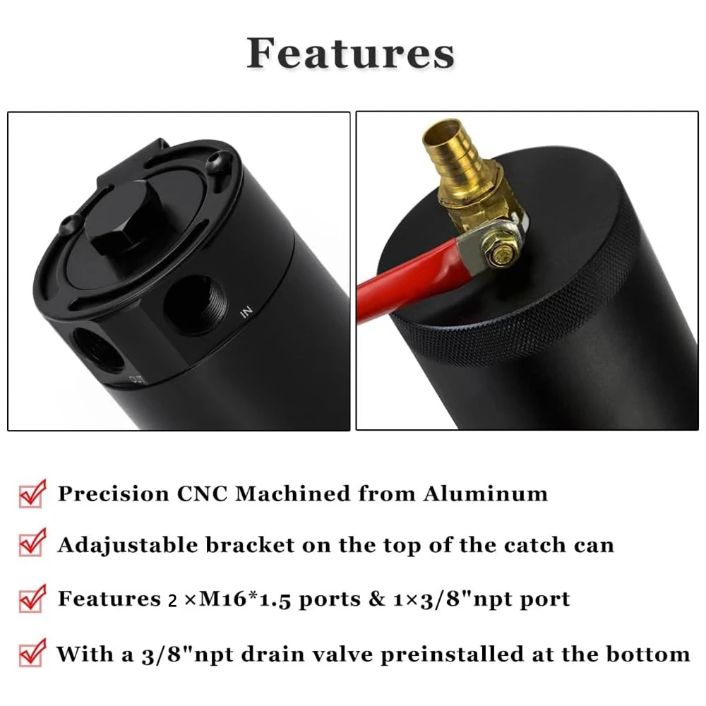 Aluminum Baffled Oil Catch Can Kit with Drain Valve