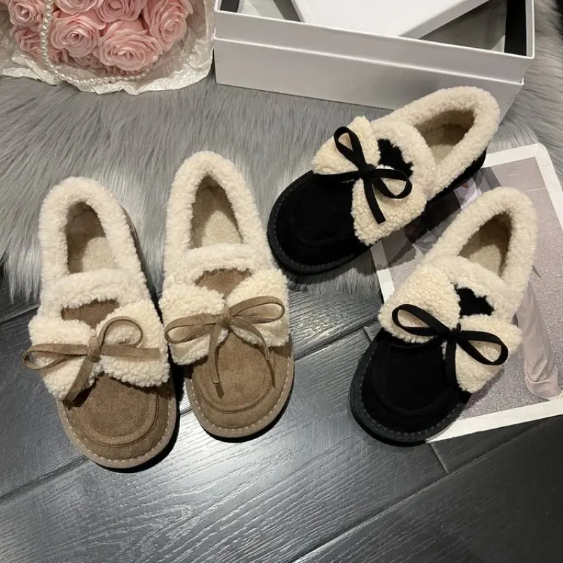 2024 Winter New Fur Casual Chain Women's Shoes Flat Bottom Lefu Shoes Walking Home Plush Boots Sports Comfort Work Shoes Women's round toe flat bottom ladies shoes plush low cut sheep roll fashion green white beanie shoes rhinestones winter new women shoes