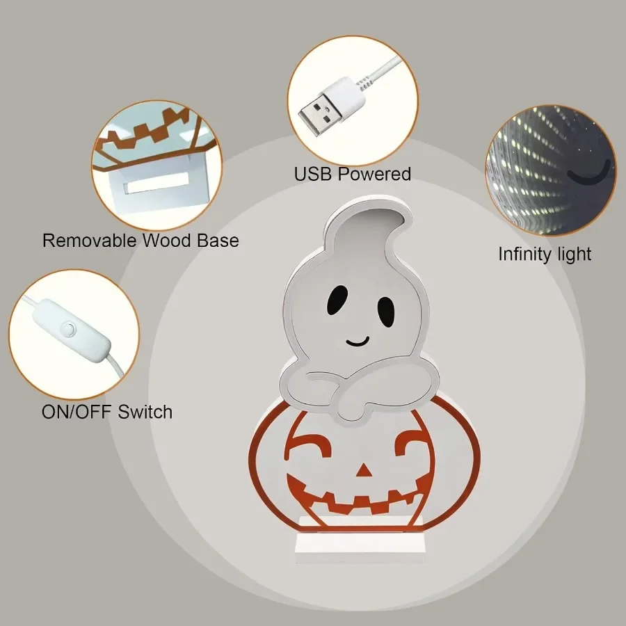 LED Halloween Pumpkin Light Cute Neon Pumpkin and Ghost Sign Decor 11.57 Inch 3D Infinity Lights with USB Powered for Table Roo