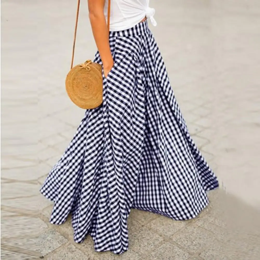 

Женская драпированная юбка-макси в богемном стиле, летняя повседневная трапециевидная длинная юбка с карманами в клетку, элегантная пляжная юбка, уличная одежда