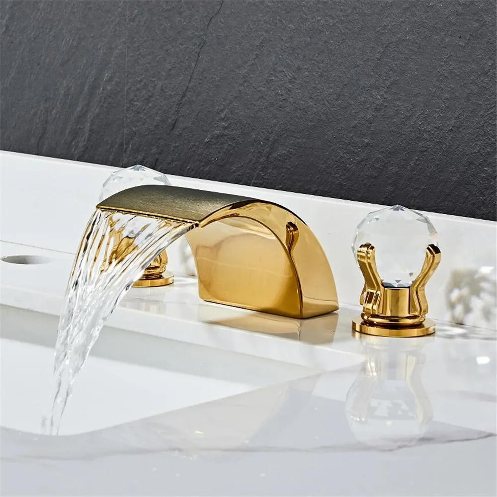 Black Basin Faucet Brass Gold Widespread Bathroom Crystal Sink Faucets 3 Hole Hot And Cold Waterfall Tap