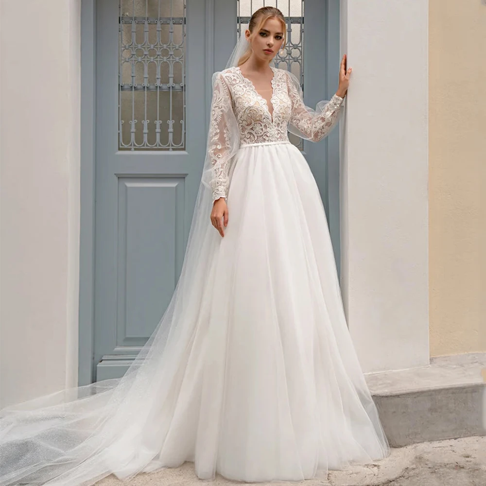 

Exquisite Tulle Applique Wedding Dress A-Line with Belt Long Sleeve V-Neck Illusion Bridal Sweep Train Church Marriage Gowns