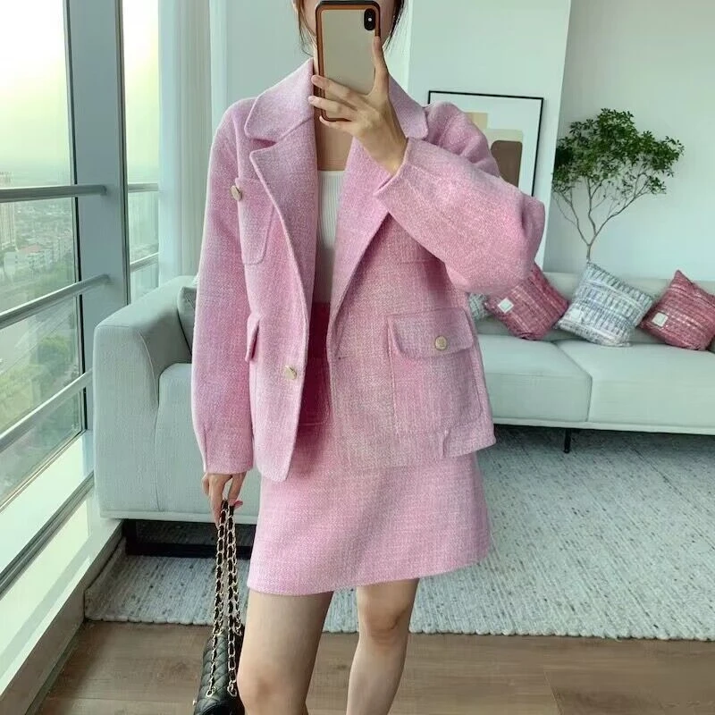 

Clearance Price Women Tweed Mini Skirt High Waist Package Hip Zipper 3 Colors A-Line Sweet Short Jupes for Ladies