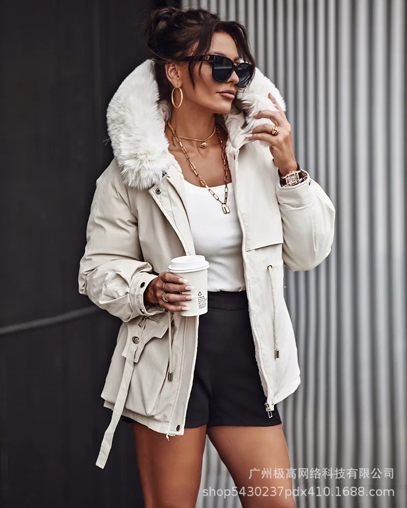 

2023 Fall and Winter Jacket Warm Pie Overcoat, Women's Medium-length Waist Thin Hooded Large Fur Collar Padded Cotton Coat