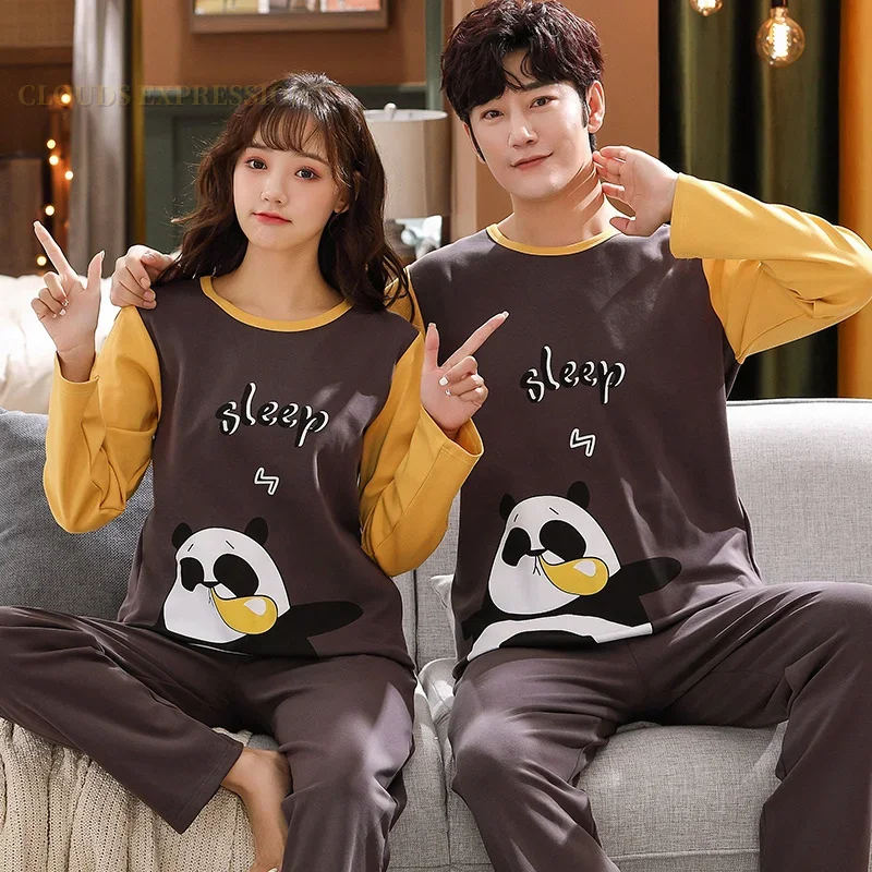 Pajama Sets Spring Autumn Knitted Cotton Cartoon Men's Plaid Casual Male Sleepwear 4XL Homewear