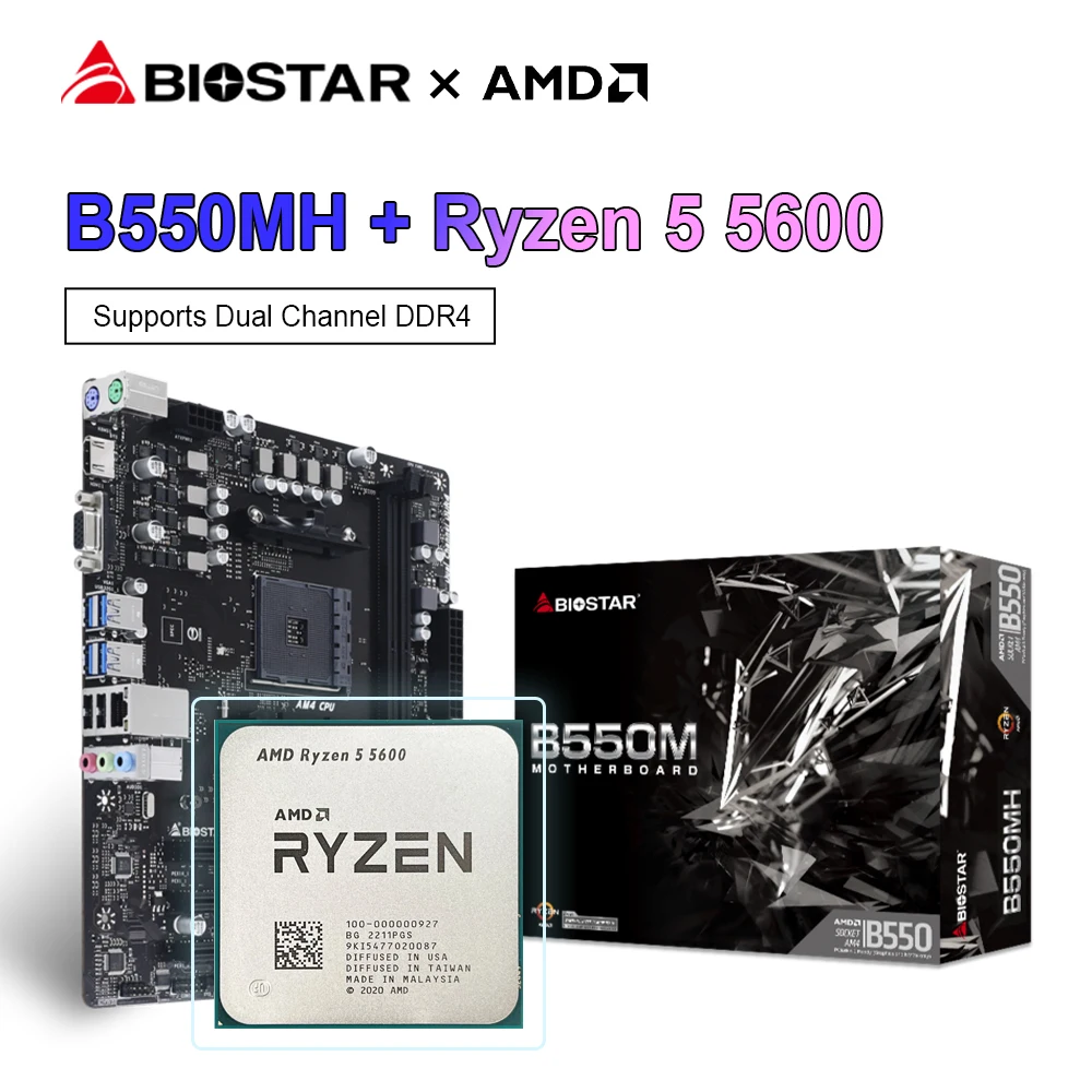 Biostar Nuova Scheda Madre B550Mh Amd B550M + Amd Ryzen 5 5600 R5 5600 Processore Cpu M.2 Nvme Sata3 Am4 Socket Placa Mae Pc Gamer