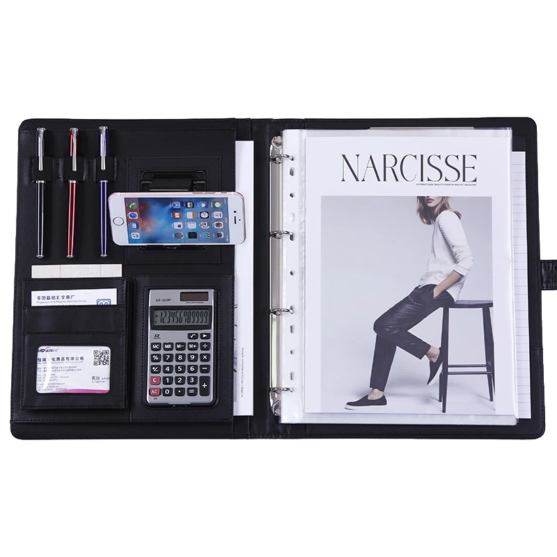 A4 PU Leather Portfolio File Folder Holder Conference Sign Folder with Calculator Mobile Stand Rack document bag leather folder office padfolio