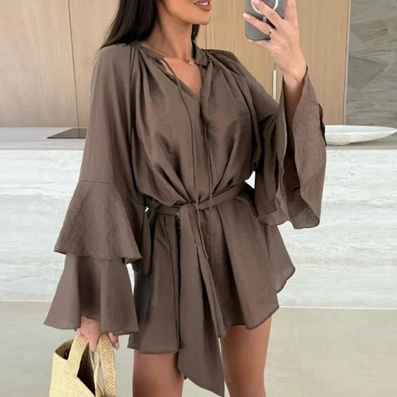 Ruffle Mini Dress - Casual Flare Sleeve Deep V-neck Holiday Dress