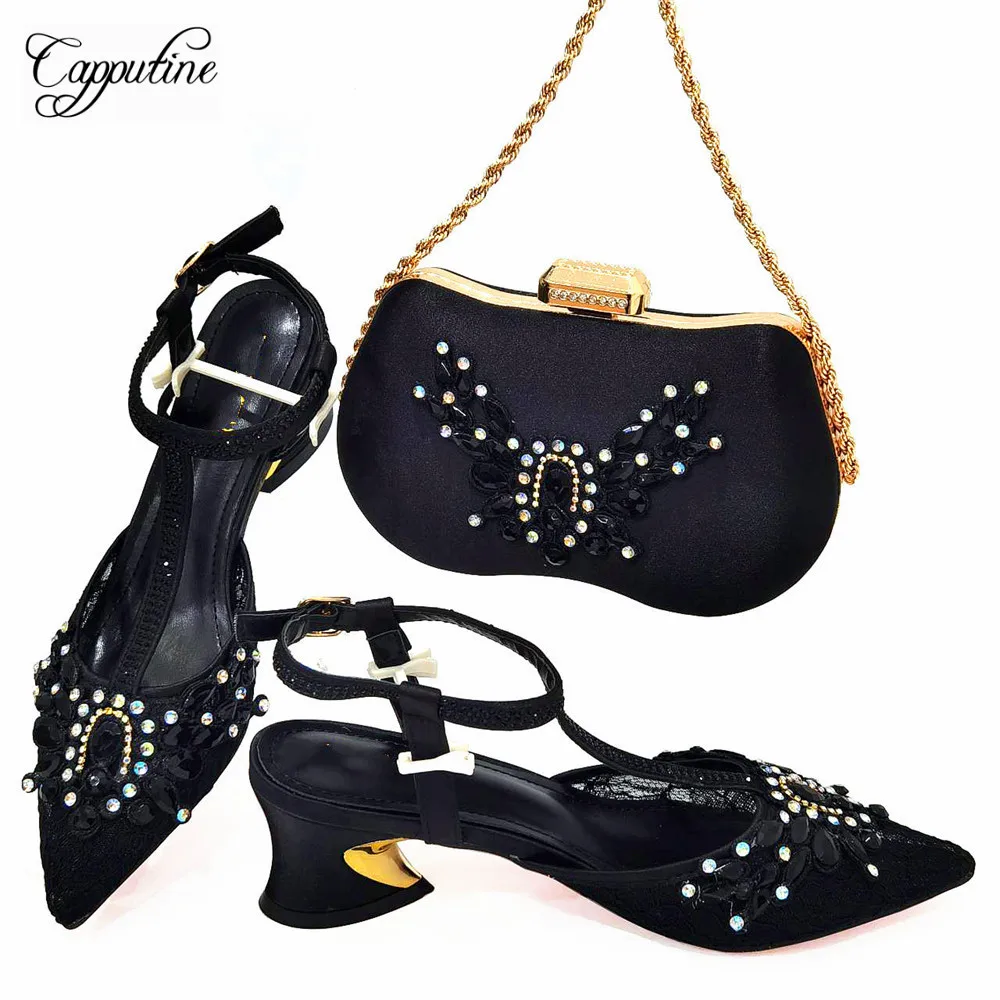 

Black Woman Shoes And Bag Set To Match Fashion African Ladies Sandals With Handbag Clutch Pumps Escarpins Femme Sandales CR395