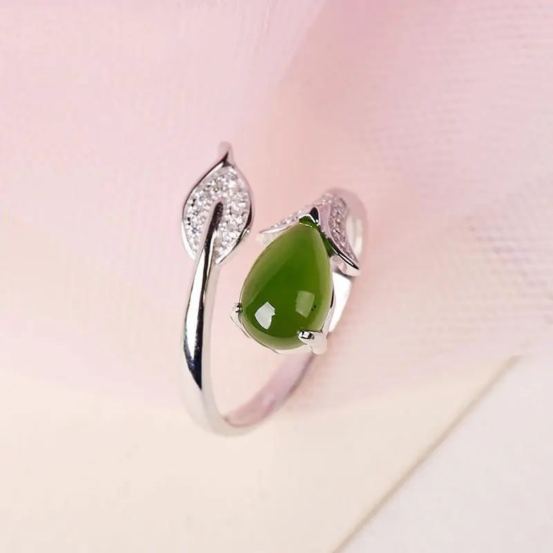 Nuovo Originale Naturale Hetian Jade Leaf Drop Apertura Regolabile Anello Elegante Fascino Creativo Retrò Femminile Gioielli In Argento