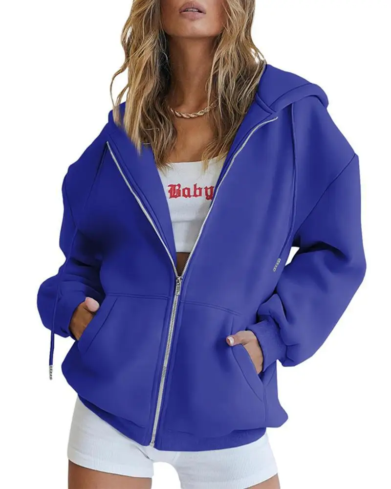 New Women's Zipper Hoodie Korean Version Loose Fit Large Sports Hoodie Casual Solid Long Sleeve Hooded Sweatshirt Zipper Coat