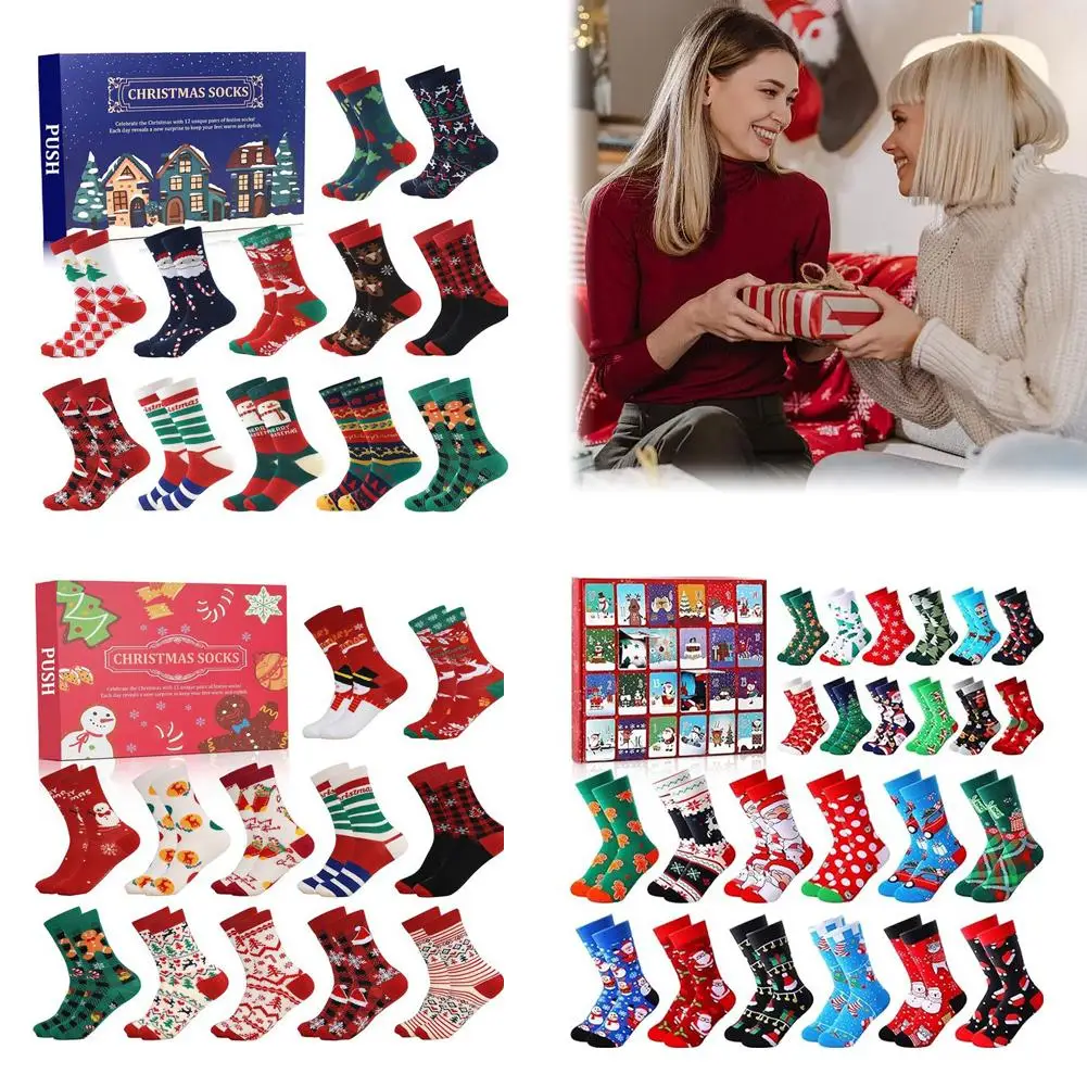 12/24Pairs Christmas Stocking Advent Calendar 12/24 Days Of Socks Festive Holiday White Christmas Colorful Socks For Men
