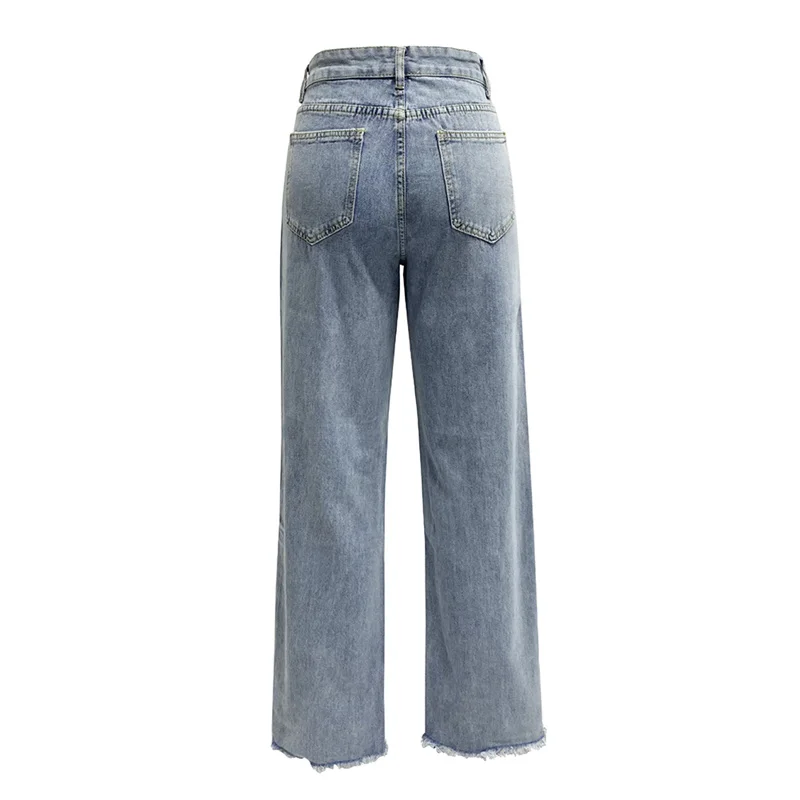 Summer Simple Style Blue Wide Leg Jeans Women Mid Waist Irregular Tassel Denim Pants Female Casual Korean Version Thin Trousers