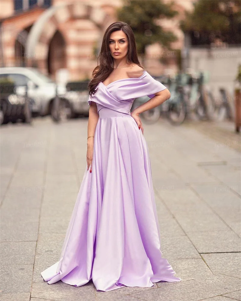 Toofgon Lavender Satin Long Prom Dresses With Pockets Off The Shoulder Slit Side Formal Party Dress Women Bridesmaid Gowns 2024