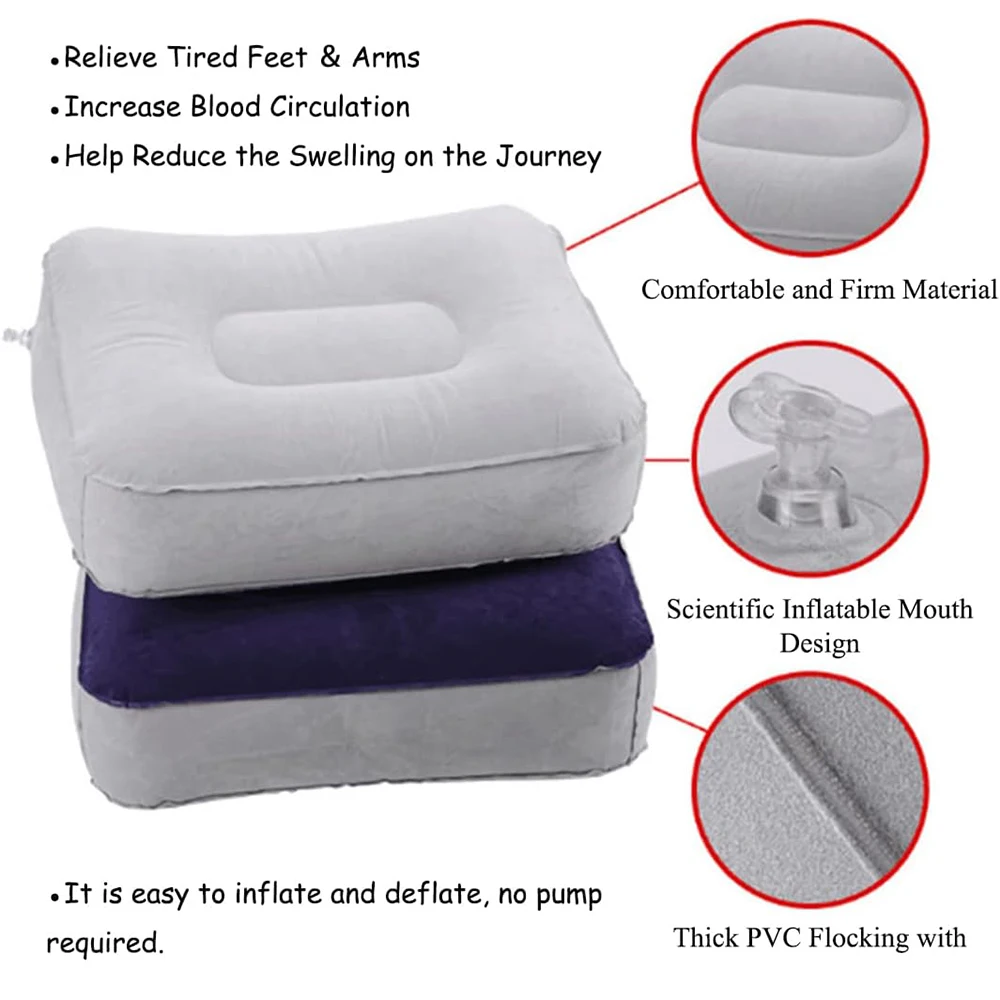 Factory Spot PVC Inflatable Travel Footrest Flocked Pillow Footstool for Office Home Relax Camping