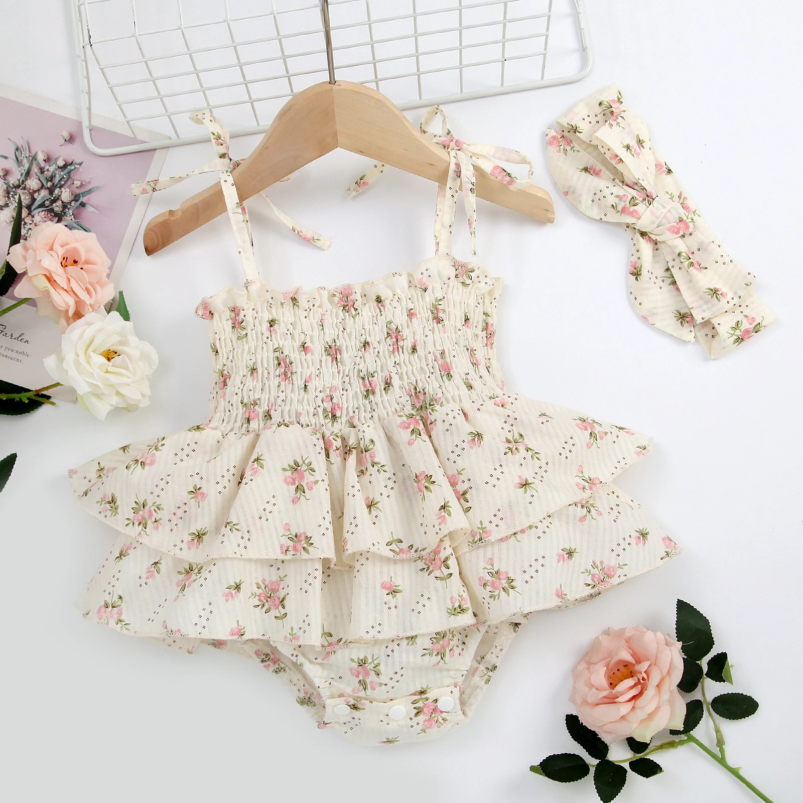 Infant Baby Girl Summer Jumpsuit Set Floral Elasticated Bust Sleeveless Strap Ruffled Romper with Bow Headband Outfit 1