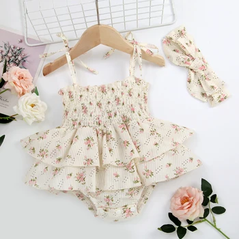 Infant Baby Girl Summer Jumpsuit Set Floral Elasticated Bust Sleeveless Strap Ruffled Romper with Bow Headband Outfit 1