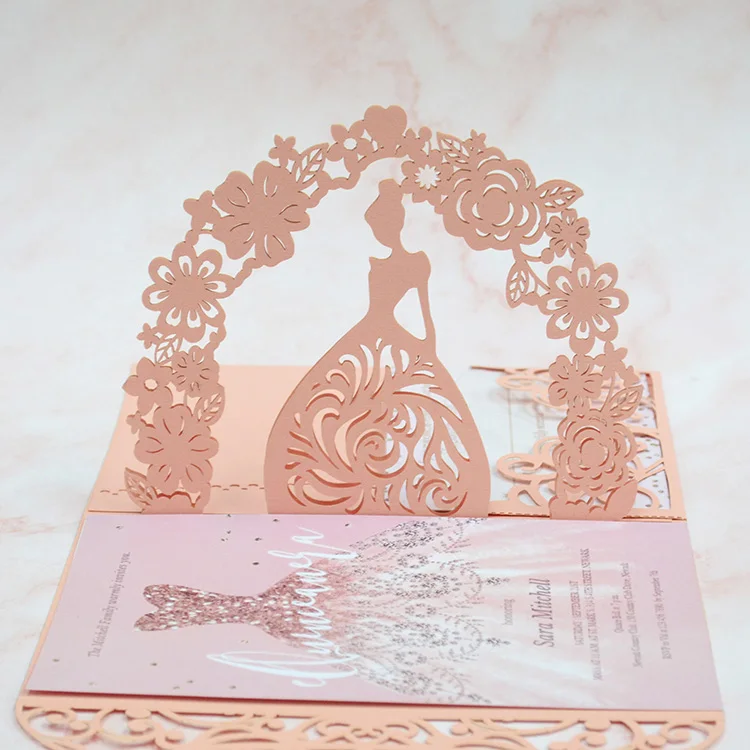 Cinderella Carriage 3D Quinceanera Convites, Estilo pop-up, Corte a laser, Rosa