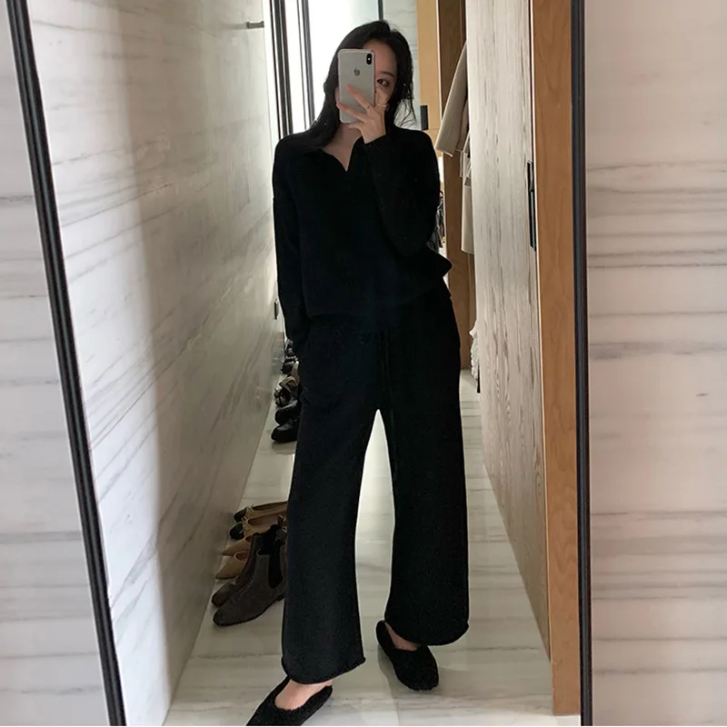 2 Pieces Set Women Oversize Tracksuit Polo Collar Sweater Pullover Straight Pants Sweater Set Knitted Outwear Sweater Suit