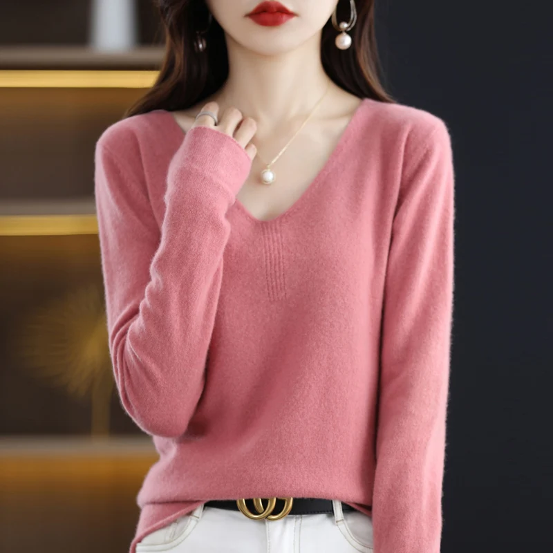 

Spring And Autumn 2023 New Women's Pullover Solid V-Neck Fashion Knitted Sweater Versatile Top Undercoat